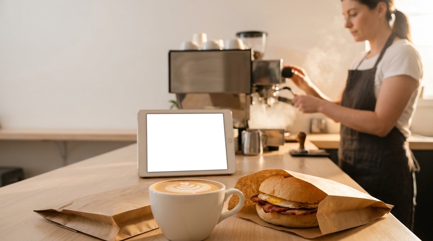 Morning at the Salt & Crumb counter: a flat white and a bacon and egg roll, the barista at the machine
